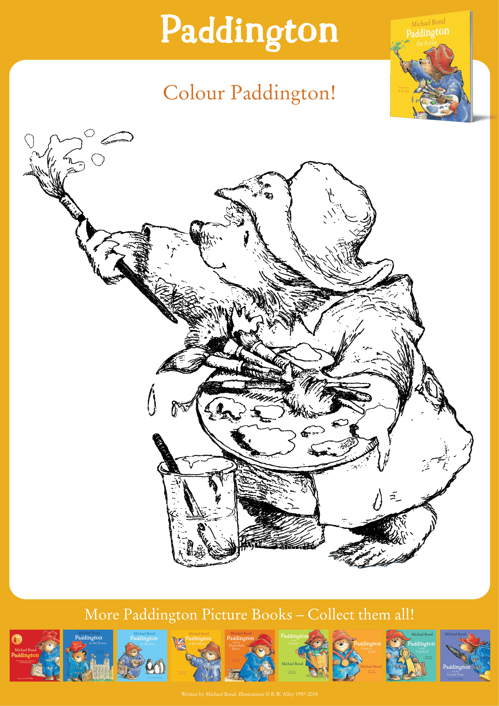 Free printable Paddington colouring sheet.